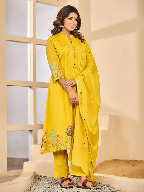 Mustard Yellow silk embroidered kurti set