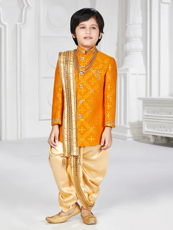 Mustard yellow silk embroidery indowestern