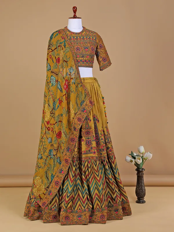 Mustard yellow silk embroidery lehenga choli