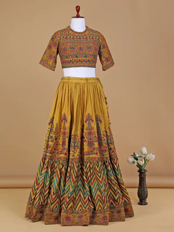 Mustard yellow silk embroidery lehenga choli