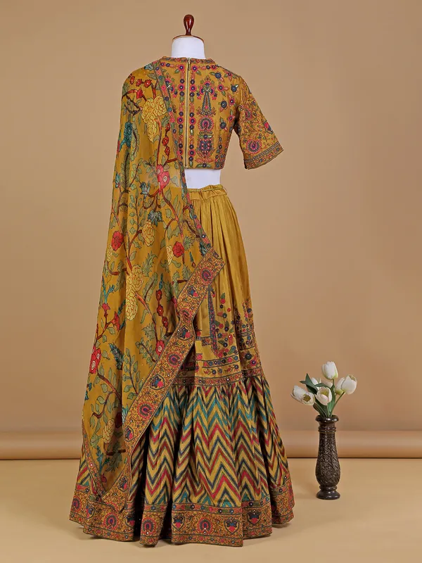 Mustard yellow silk embroidery lehenga choli