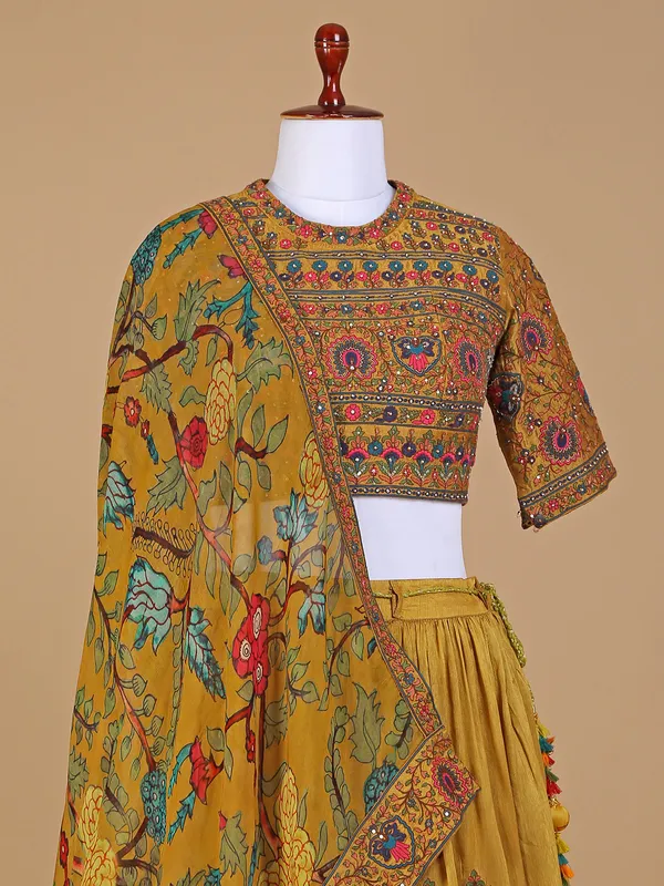 Mustard yellow silk embroidery lehenga choli