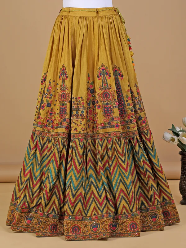 Mustard yellow silk embroidery lehenga choli