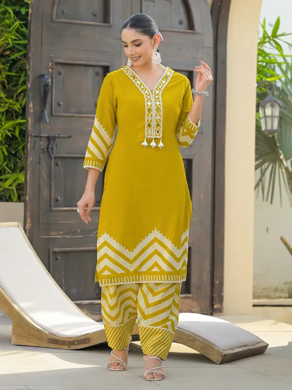 Mustard yellow silk festive kurti set