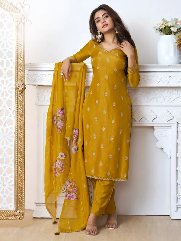 Mustard yellow silk festive style salwar suit
