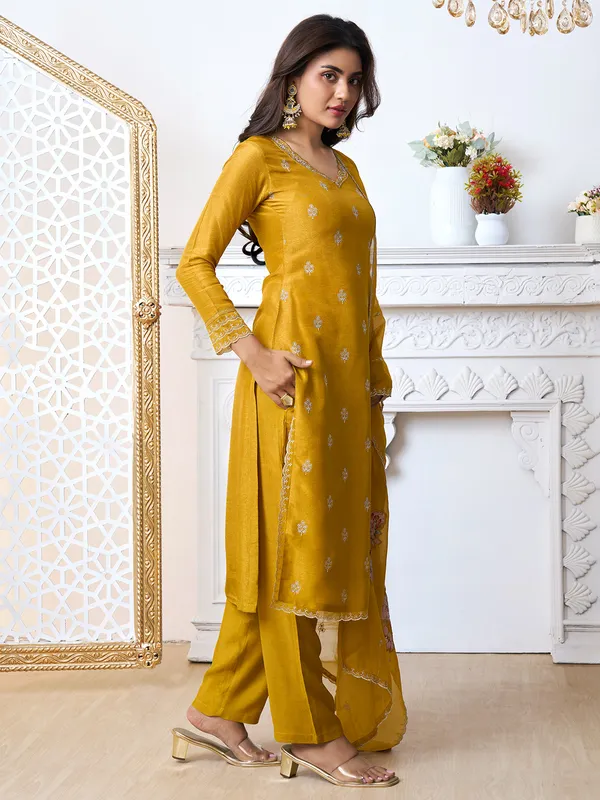 Mustard yellow silk festive style salwar suit