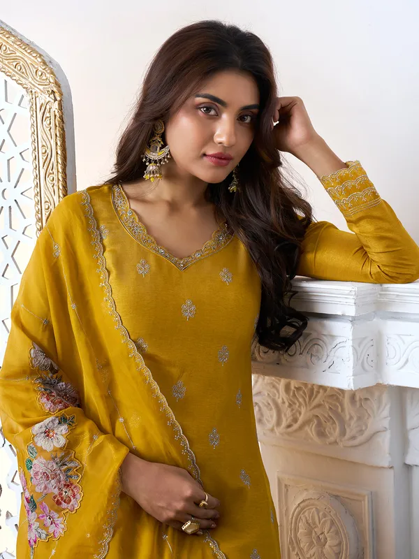 Mustard yellow silk festive style salwar suit