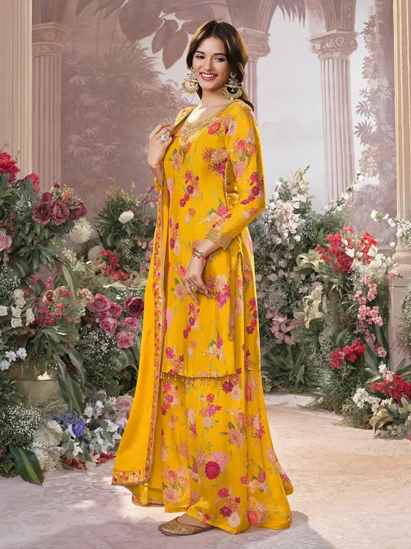 Mustard yellow silk floral palazzo outfit