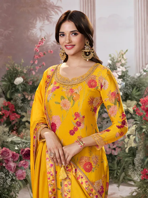 Mustard yellow silk floral palazzo outfit