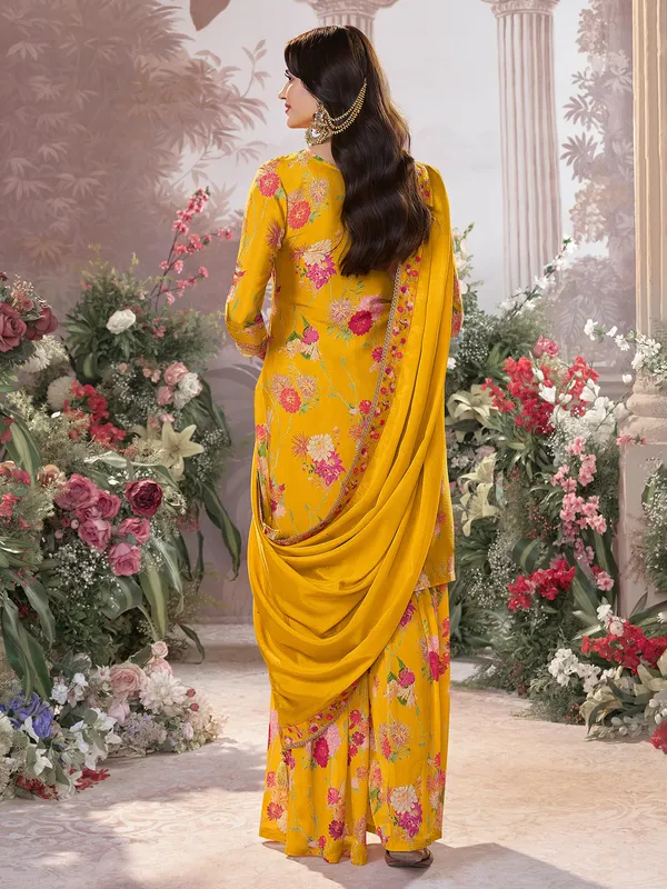 Mustard yellow silk floral palazzo outfit