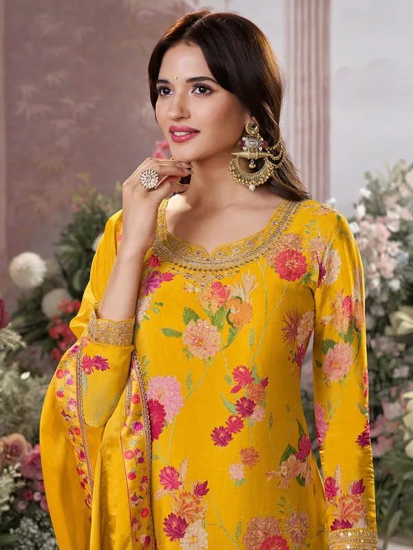 Mustard yellow silk floral palazzo outfit