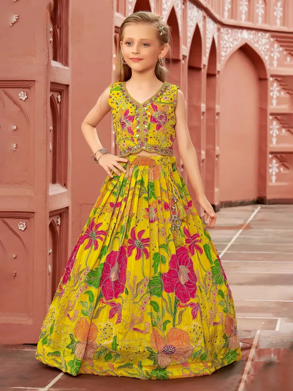 Mustard yellow silk floral printed lehenga choli for haldi