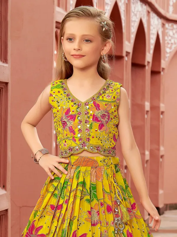 Mustard yellow silk floral printed lehenga choli for haldi