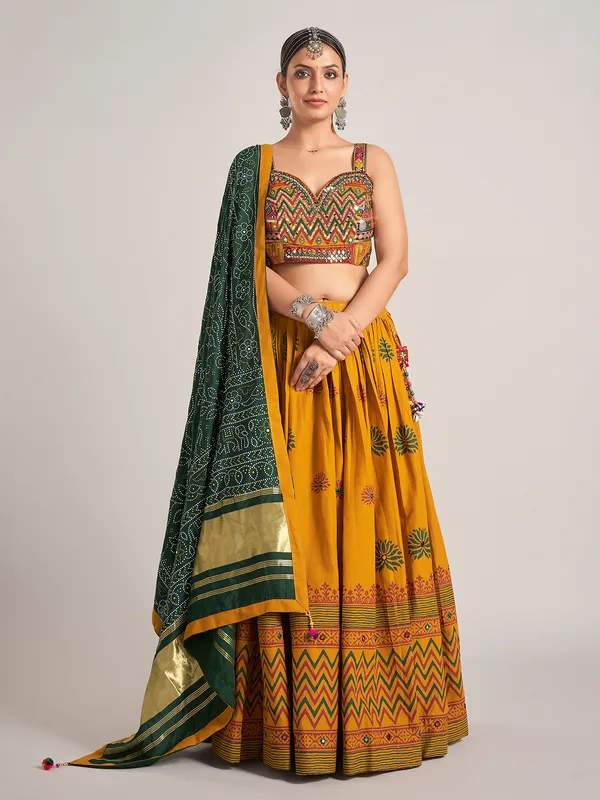 Mustard yellow silk garba nights chaniya choli