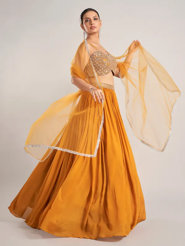 Mustard yellow silk haldi and wedding lehenga choli