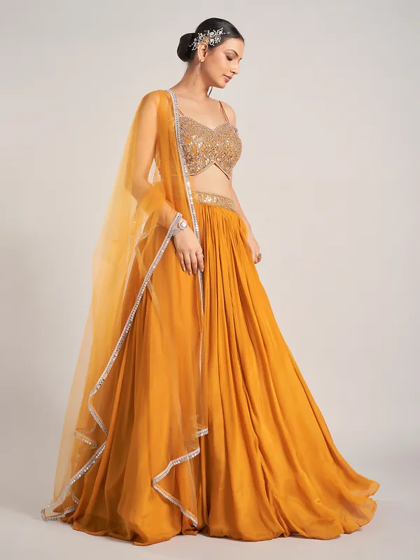Mustard yellow silk haldi and wedding lehenga choli