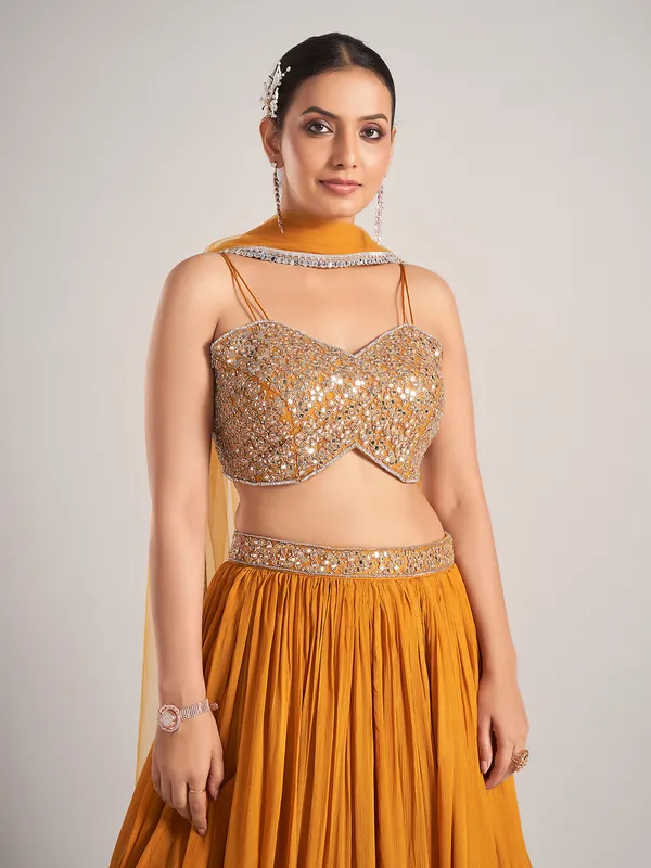 Mustard yellow silk haldi and wedding lehenga choli