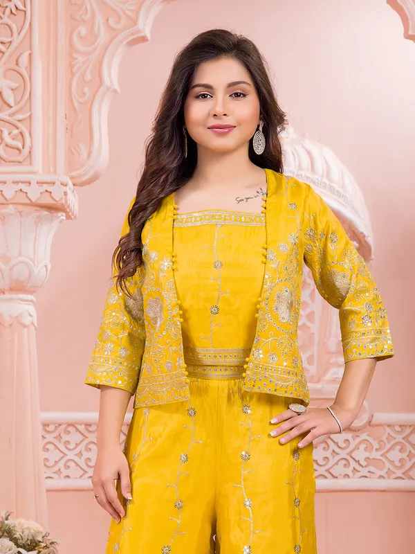 Mustard yellow silk jacket style palazzo suit for haldi