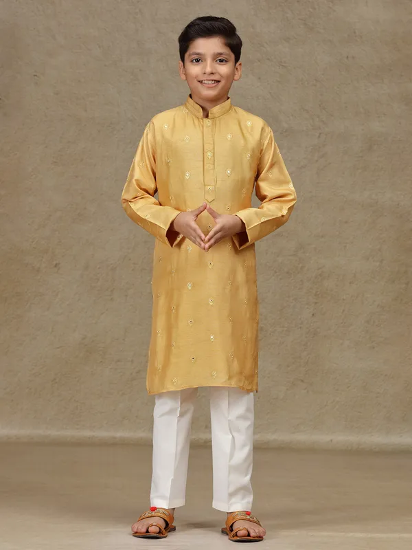 Mustard yellow silk kurta set with aabla work