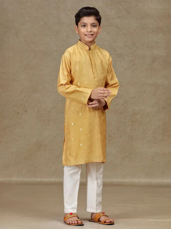 Mustard yellow silk kurta set with aabla work