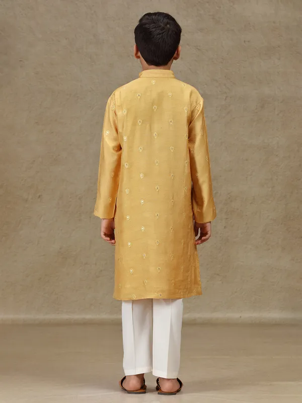 Mustard yellow silk kurta set with aabla work