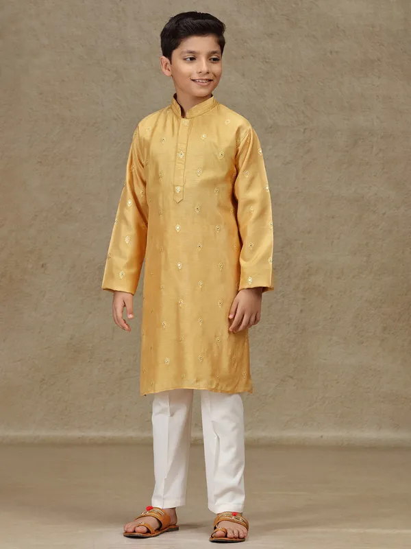 Mustard yellow silk kurta set with aabla work