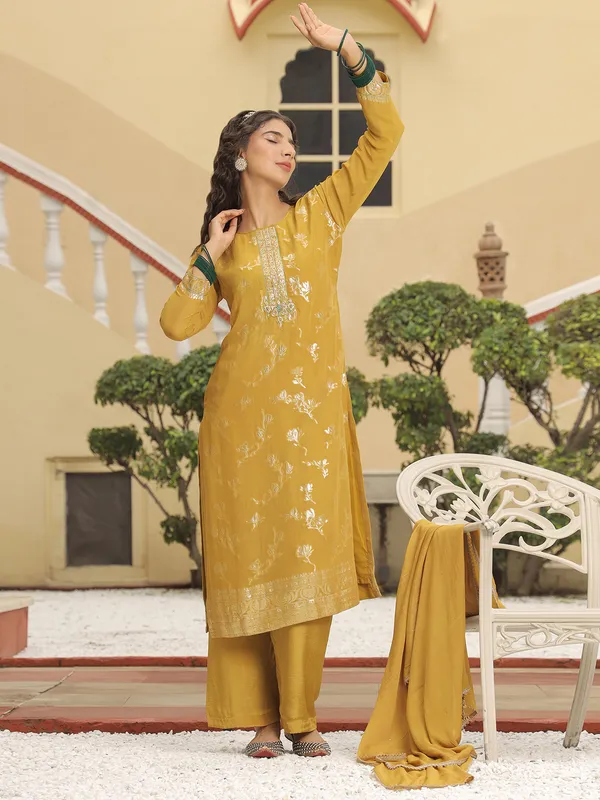 Mustard yellow silk kurti set for festive