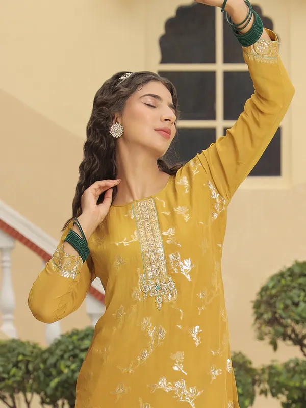 Mustard yellow silk kurti set for festive