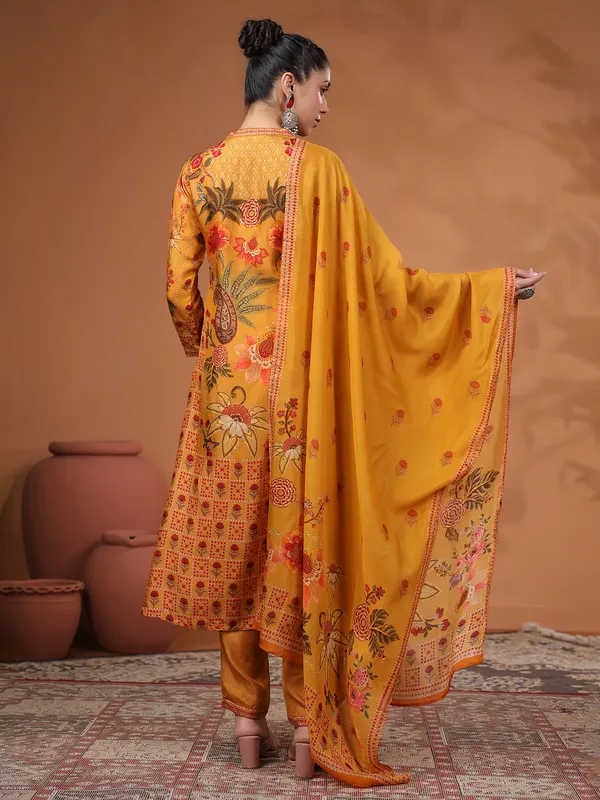Mustard yellow silk kurti set in printed