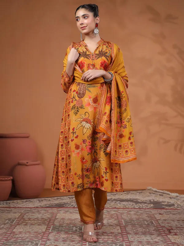 Mustard yellow silk kurti set in printed