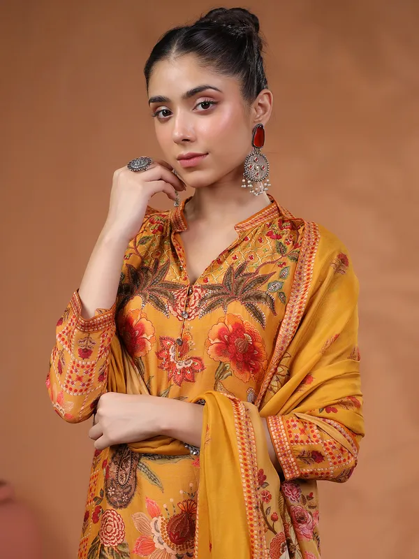 Mustard yellow silk kurti set in printed