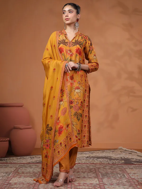 Mustard yellow silk kurti set in printed