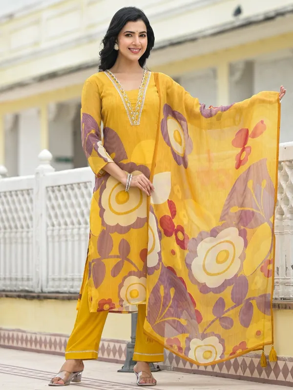 Mustard yellow silk kurti set in printed for festive wear