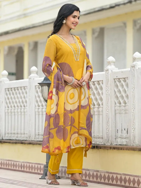 Mustard yellow silk kurti set in printed for festive wear
