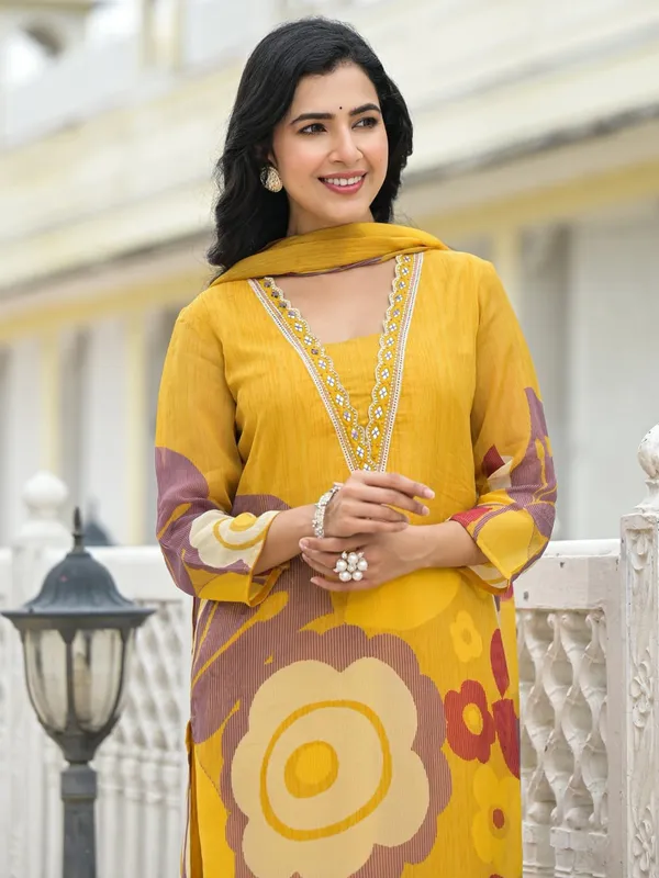 Mustard yellow silk kurti set in printed for festive wear