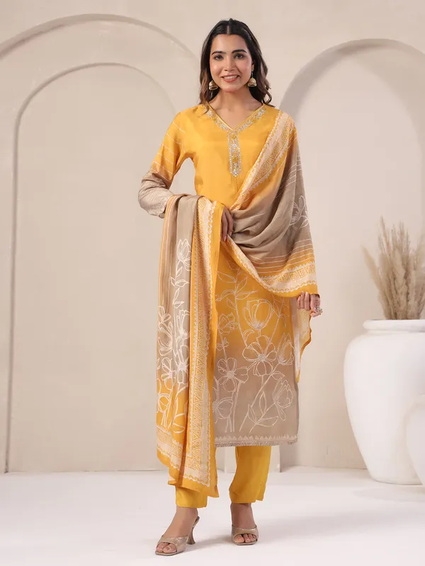 Mustard yellow silk kurti set with cutdana work