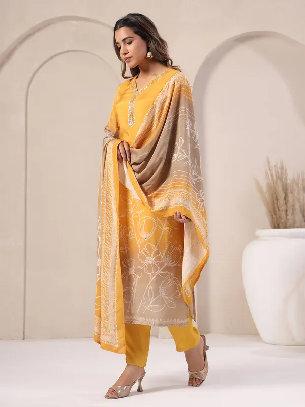 Mustard yellow silk kurti set with cutdana work