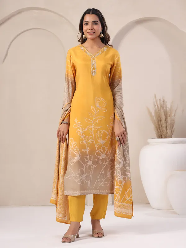 Mustard yellow silk kurti set with cutdana work