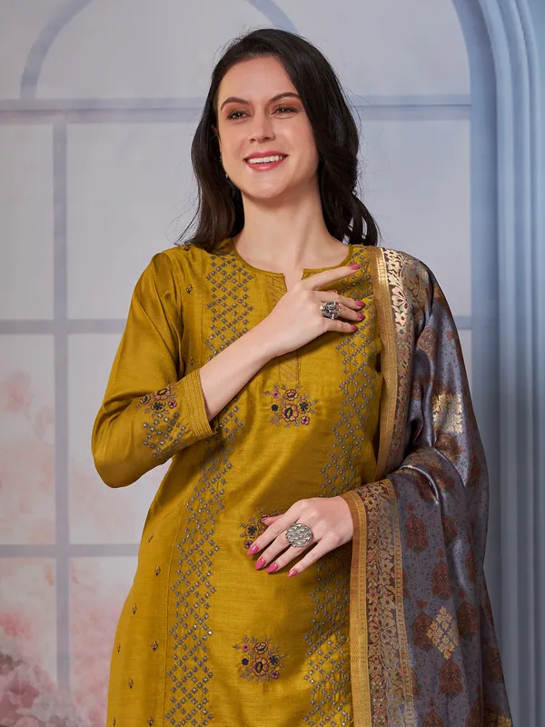 Mustard yellow silk kurti set with dupatta