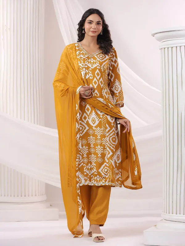 Mustard yellow silk kurti set with dupatta for women