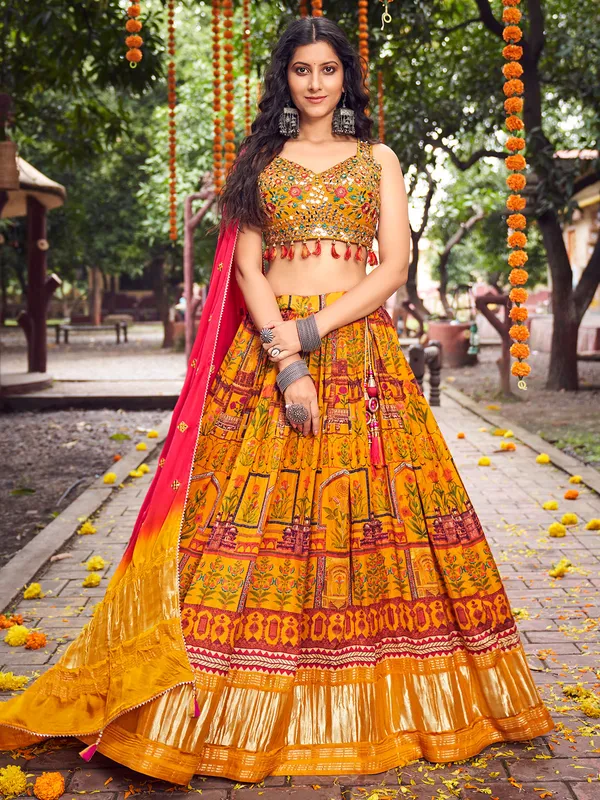 Mustard yellow silk lagdi patta lehenga
