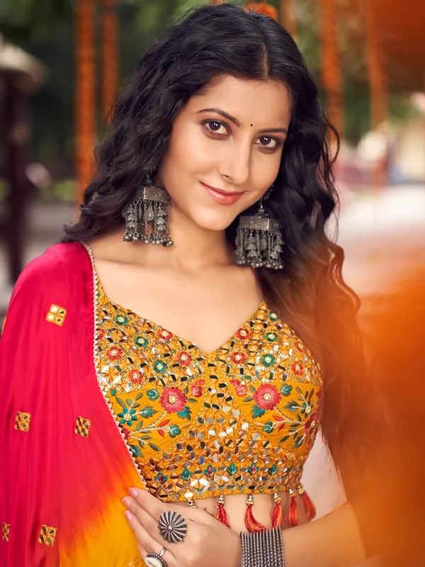 Mustard yellow silk lagdi patta lehenga