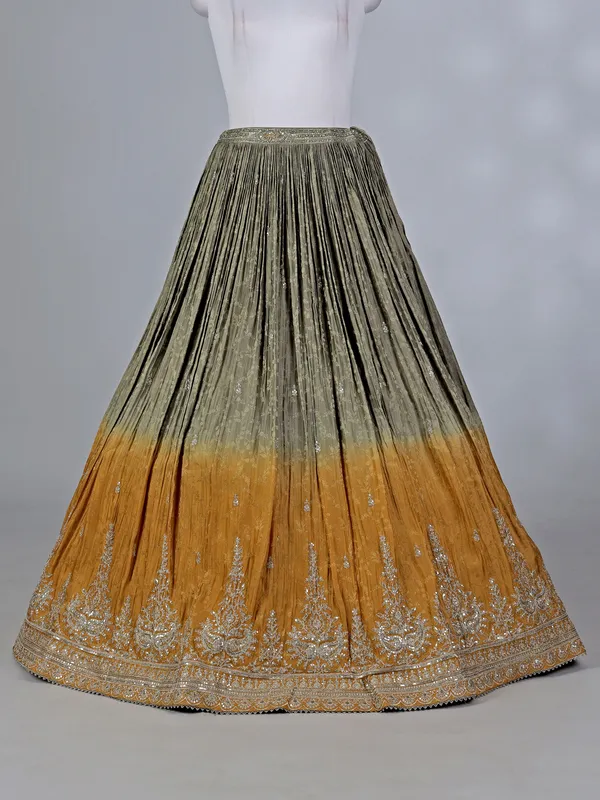 Mustard yellow silk lehenga choli with aabla work