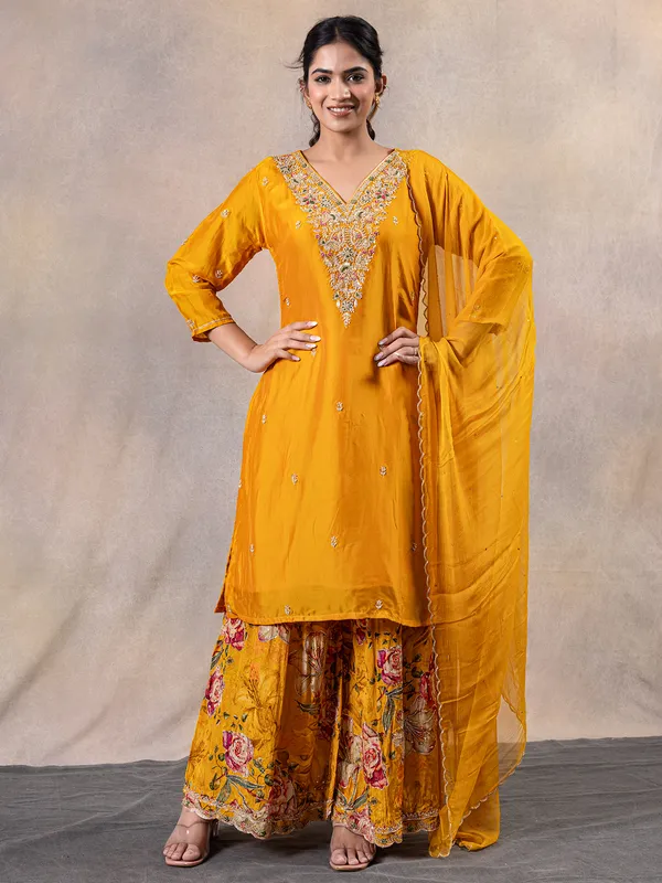 Mustard yellow silk pakistani palazzo suit