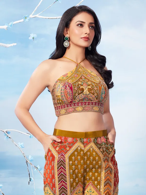 Mustard yellow silk palazzo salwar suit for party