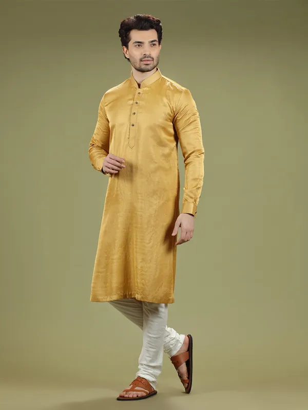 Mustard yellow silk plain  Men Kurta pajama