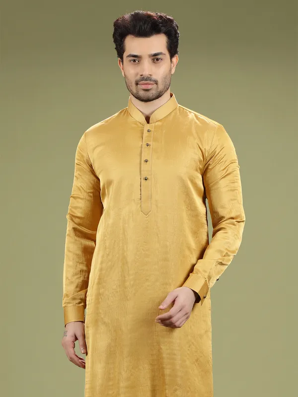 Mustard yellow silk plain  Men Kurta pajama