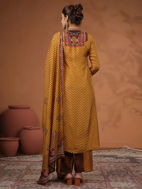 Mustard yellow silk printed kurti set for festive