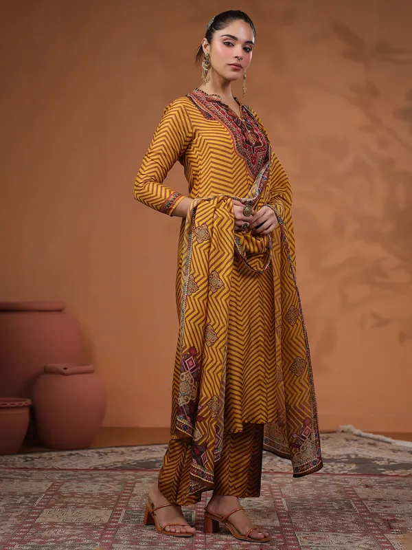Mustard yellow silk printed kurti set for festive