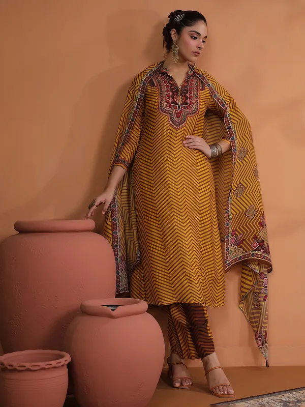 Mustard yellow silk printed kurti set for festive